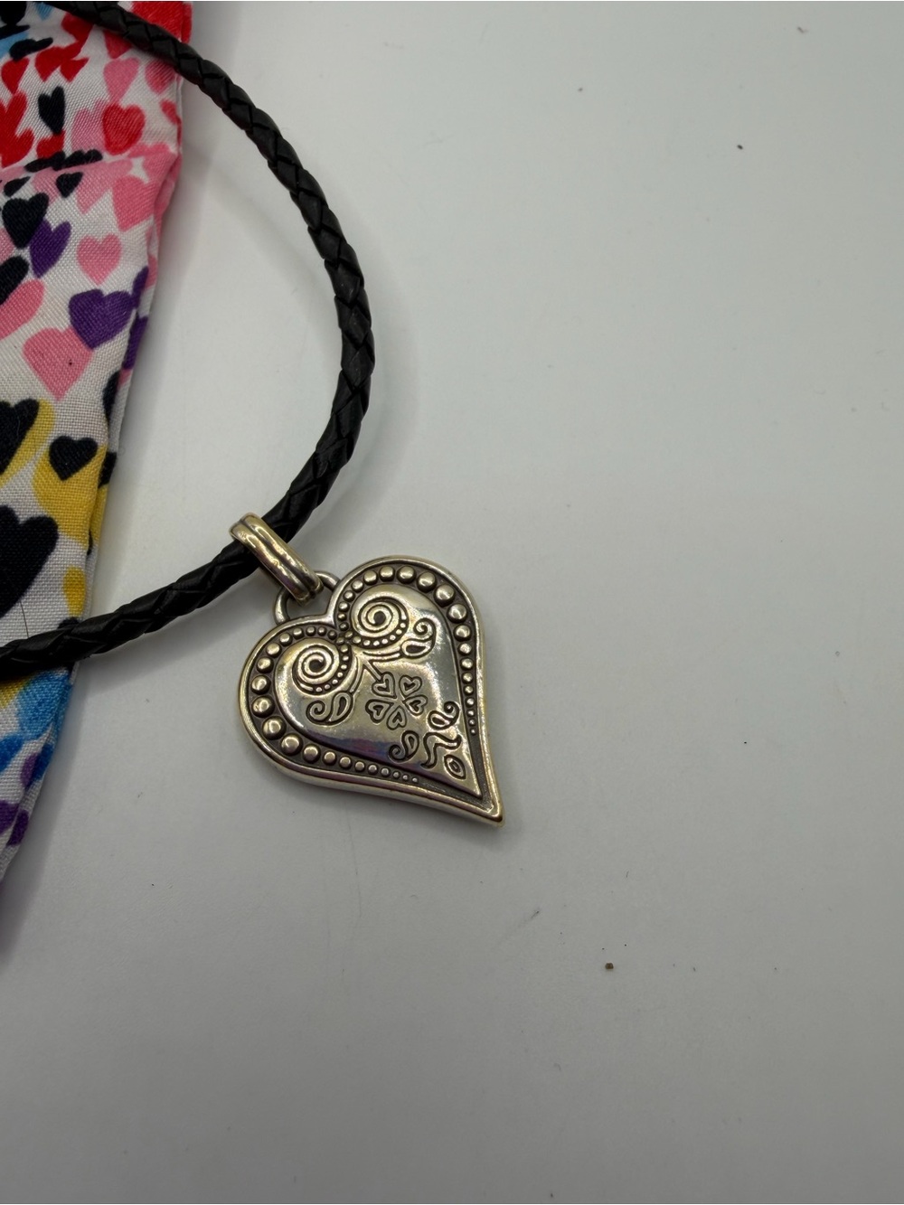 Brighton Heart Pendant Necklace in Silver on Black Braided Cord with dusty